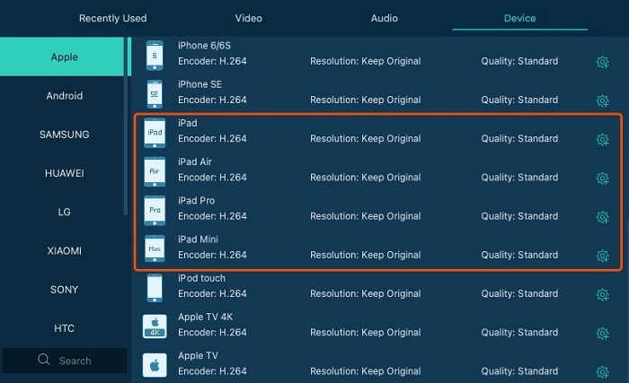 Select Output Format for iPad