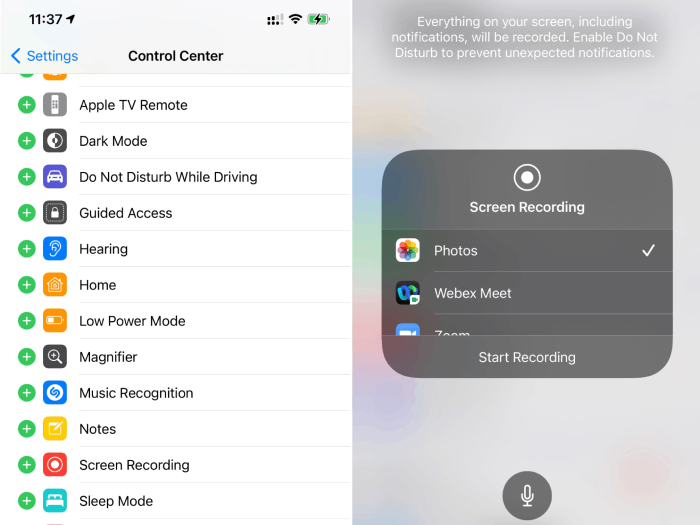 iPhone Control Center Built-in Recorder