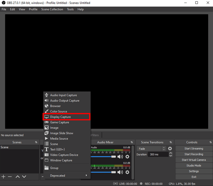 Display Capture Mode in OBS
