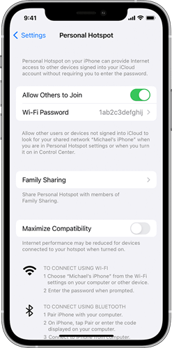 Turn on Personal Hotspot on iPhone