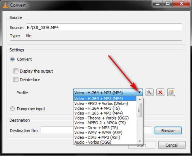 VLC Choose Output Format