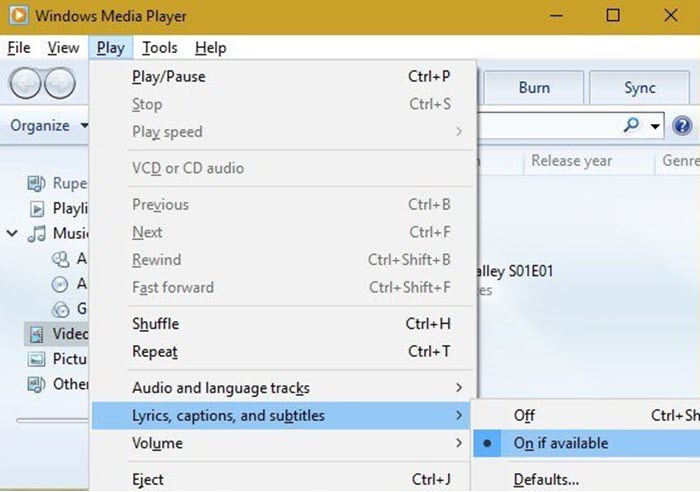 Windows Media Player subtitles